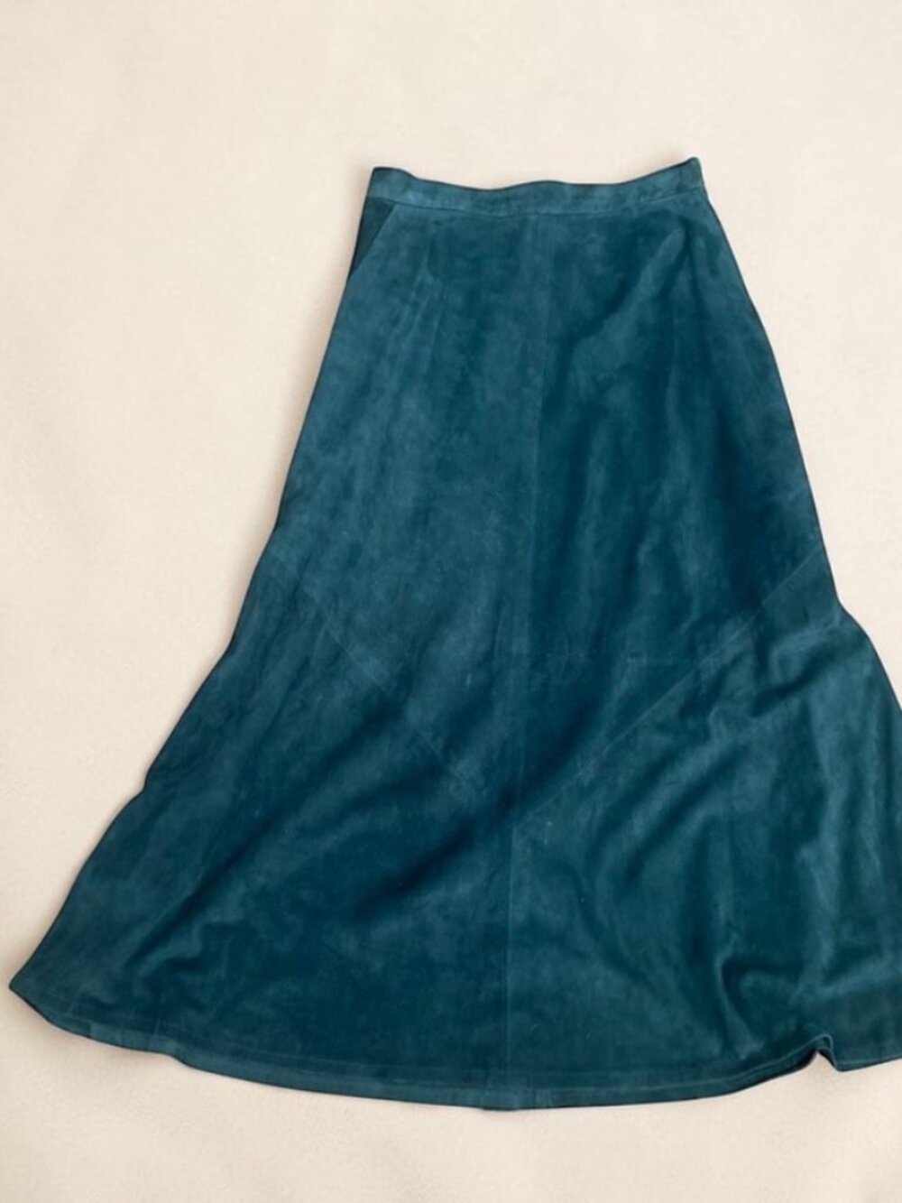 Vintage 80s Minerva Teal Genuine Suede Leather Flared Midi Skirt M